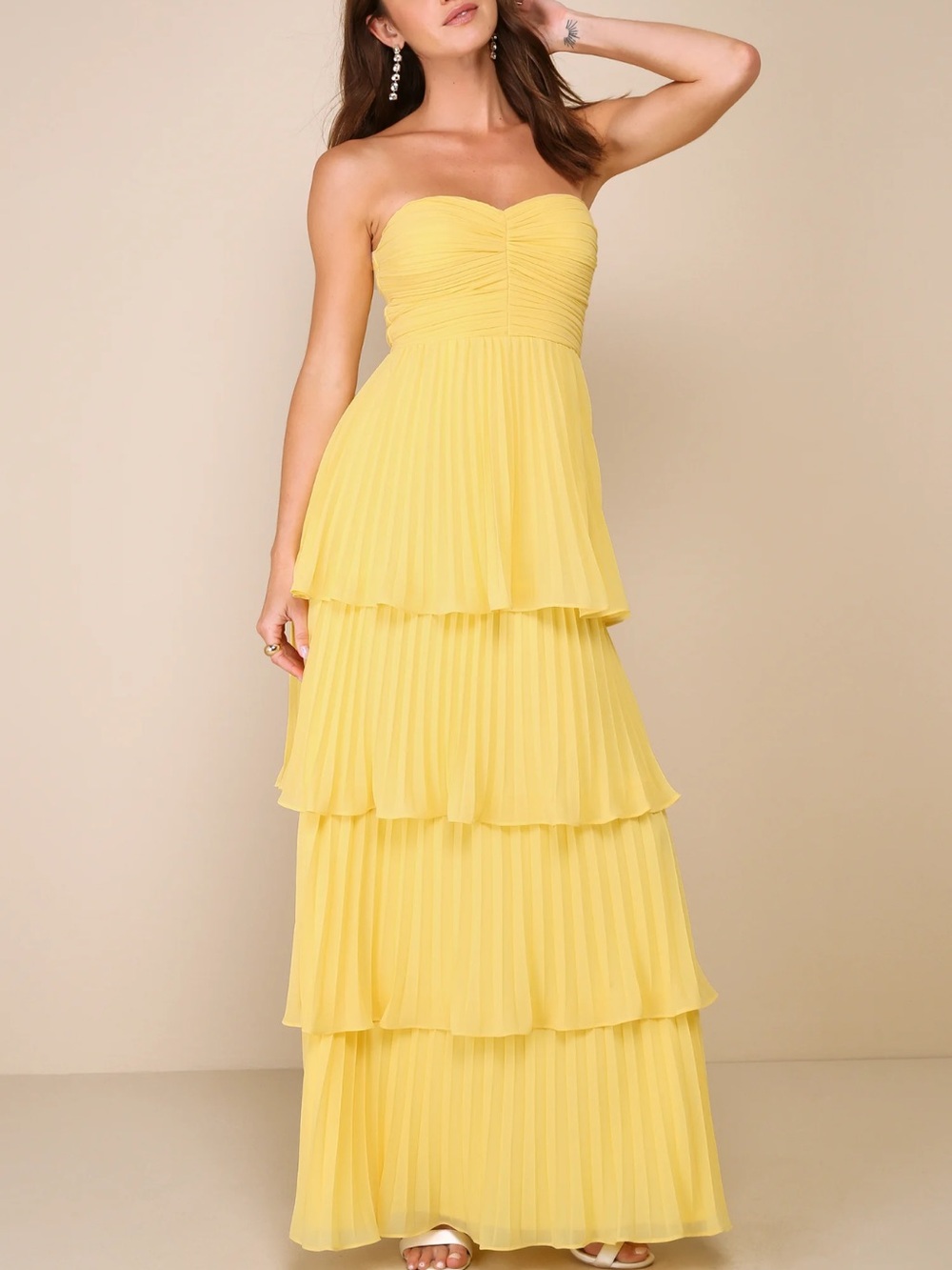 Strapless Tiered Pleated Maxi Dress in Yellow